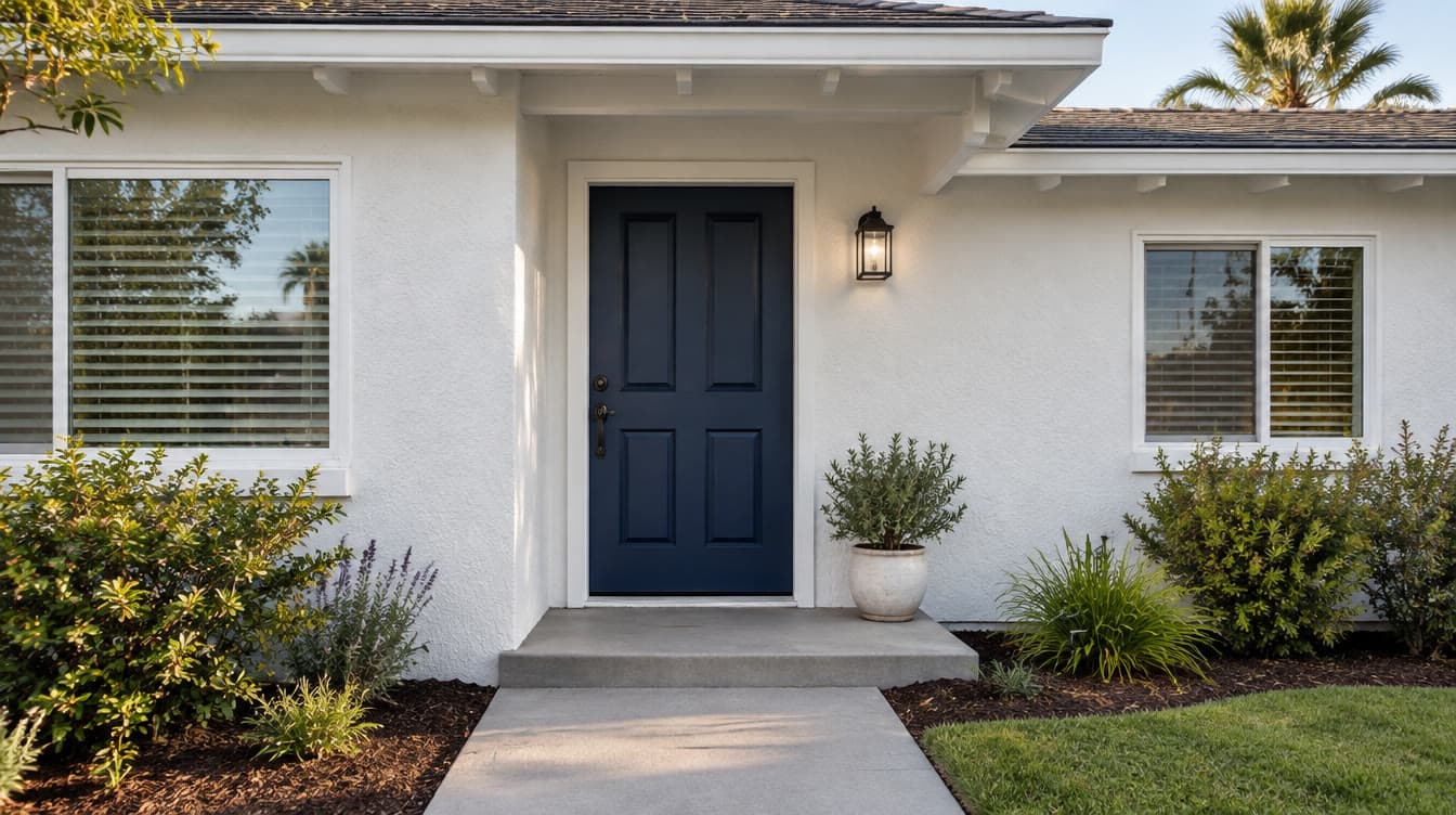 Front entry of a repainted home with a navy front door