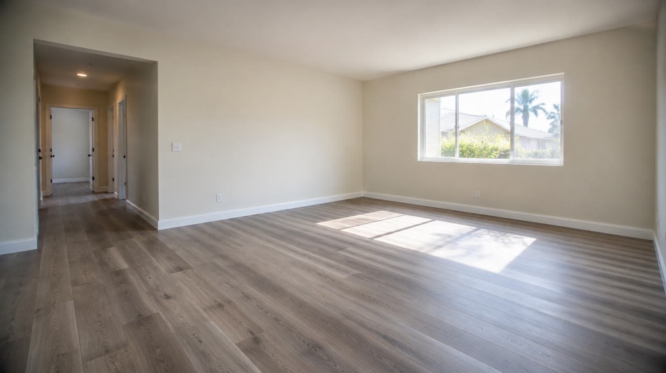 Freshly installed vinyl plank flooring in a North Orange County living room