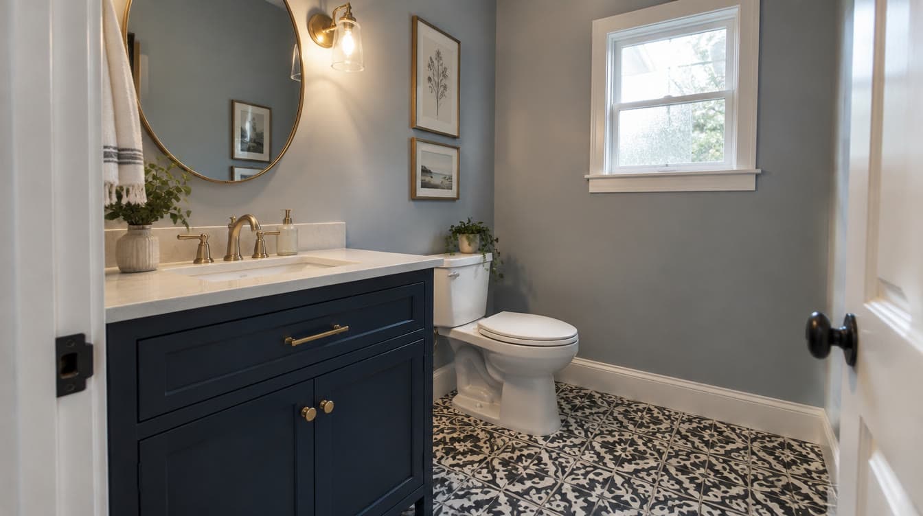 Freshly remodeled powder room with patterned tile floor and navy vanity